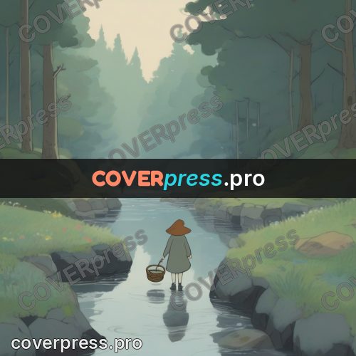 Studio Ghibli artwork: figure by a stream in mist