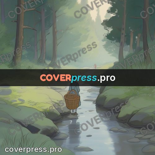Studio Ghibli artwork: figure by a stream in mist