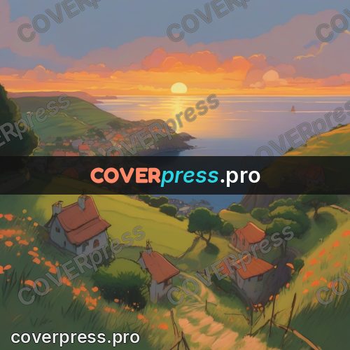 Studio Ghibli artwork: seaside village at sunset