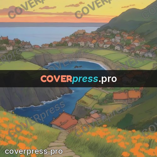 Studio Ghibli artwork: seaside village at sunset