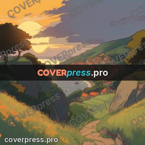 Studio Ghibli artwork: seaside village at sunset