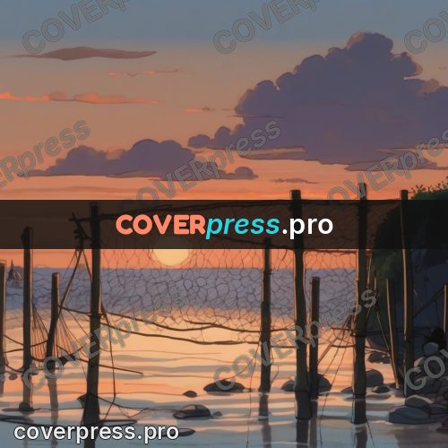 Studio Ghibli artwork: nets on poles by the water