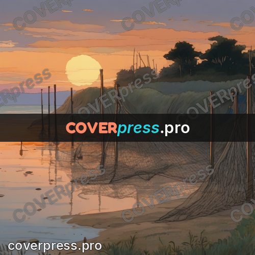 Studio Ghibli artwork: nets on poles by the water