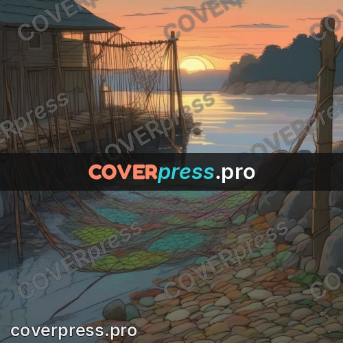 Studio Ghibli artwork: nets on poles by the water