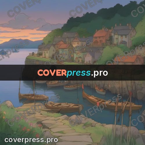 Studio Ghibli artwork: boats in a bay at sunset