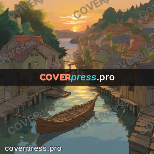 Studio Ghibli artwork: boats in a bay at sunset