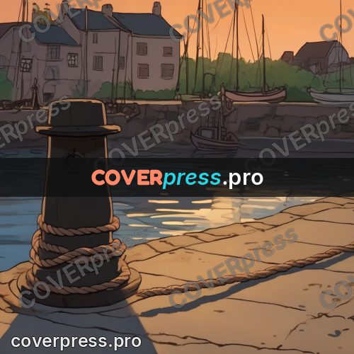 Studio Ghibli artwork: bollard with rope on a quay