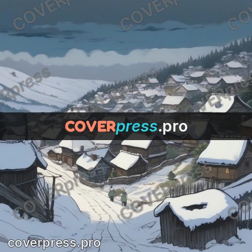 Studio Ghibli artwork: snowy village on a slope