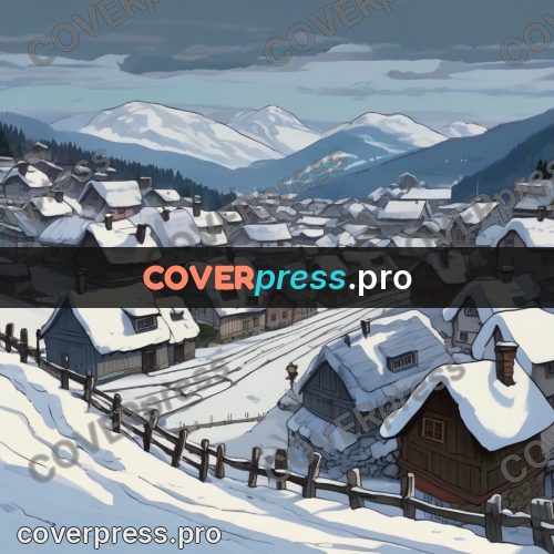 Studio Ghibli artwork: snowy village on a slope