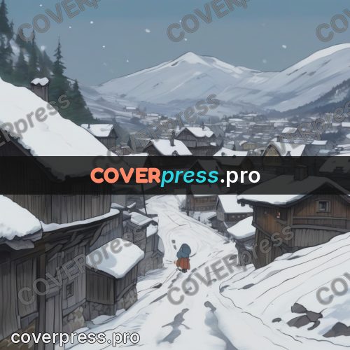Studio Ghibli artwork: snowy village on a slope