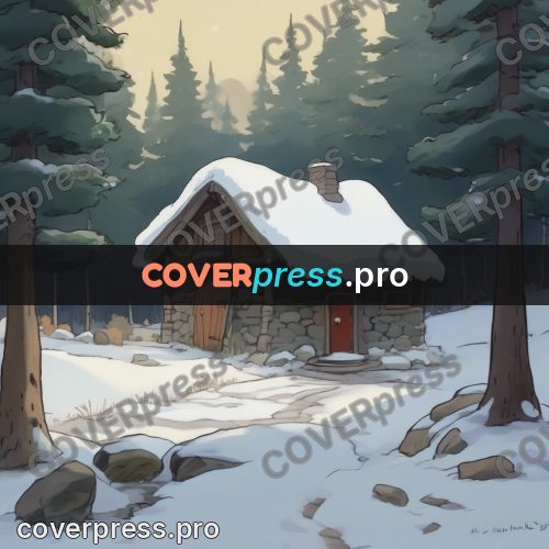 Studio Ghibli artwork: cottage in the snow among firs