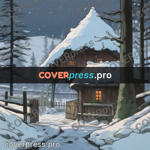 Studio Ghibli artwork: cottage in the snow among firs