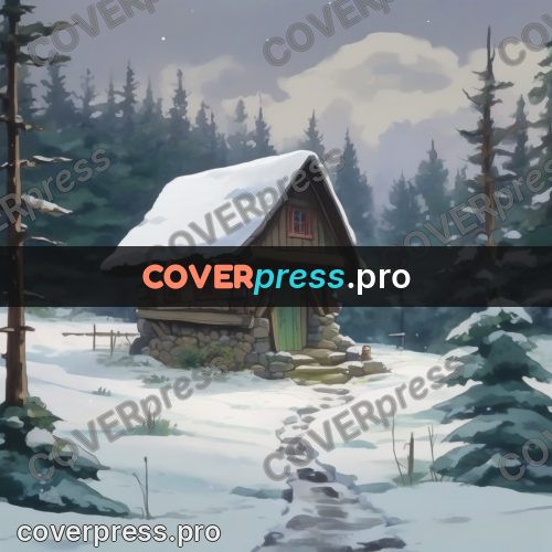 Studio Ghibli artwork: cottage in the snow among firs