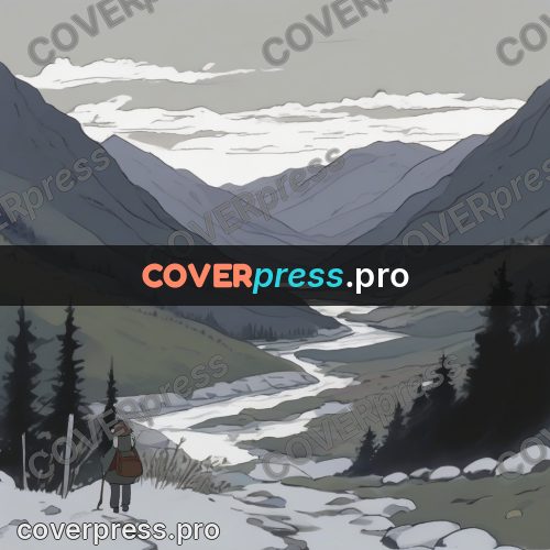 Studio Ghibli artwork: snowy valley with a stream