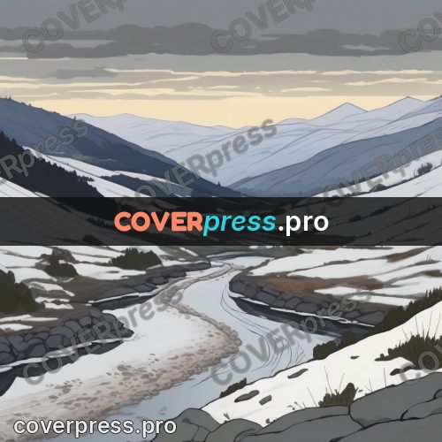 Studio Ghibli artwork: snowy valley with a stream