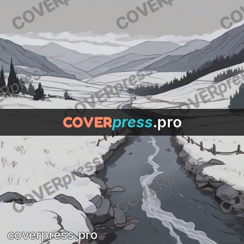 Studio Ghibli artwork: snowy valley with a stream
