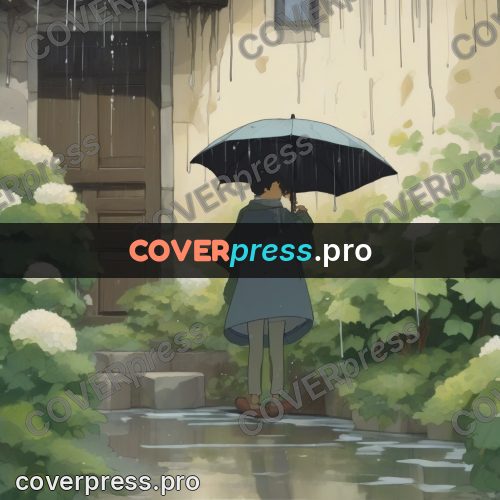 Studio Ghibli artwork: umbrella by hydrangeas in rain