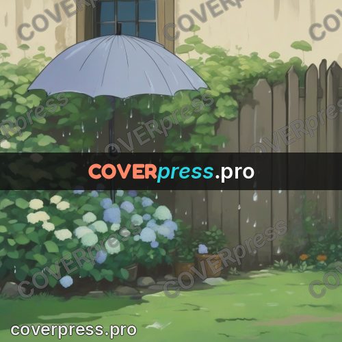 Studio Ghibli artwork: umbrella by hydrangeas in rain