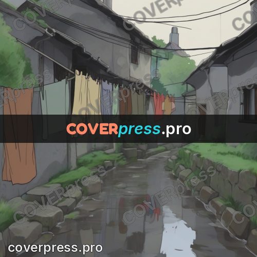 Studio Ghibli artwork: laundry over a wet alley