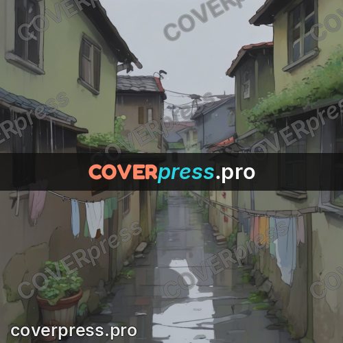 Studio Ghibli artwork: laundry over a wet alley