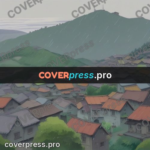 Studio Ghibli artwork: town roofs in the rain