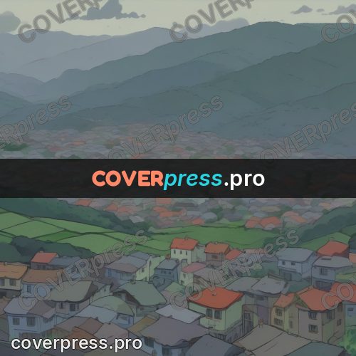 Studio Ghibli artwork: town roofs in the rain