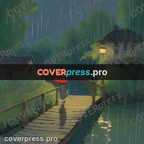 Studio Ghibli artwork: umbrella on a canal bridge