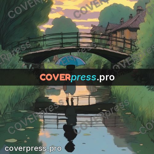Studio Ghibli artwork: umbrella on a canal bridge