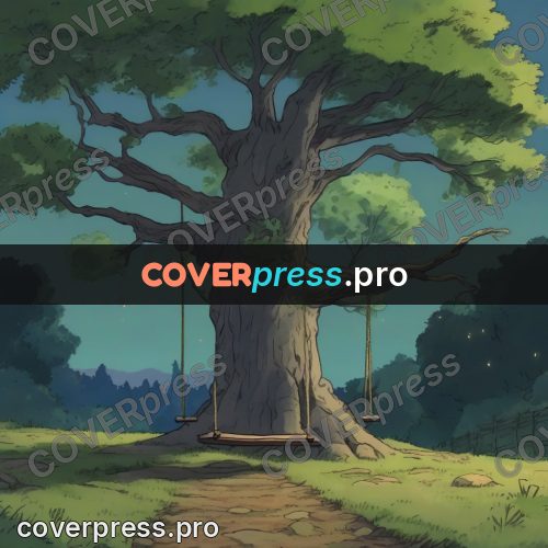 Studio Ghibli artwork: swing under a large tree