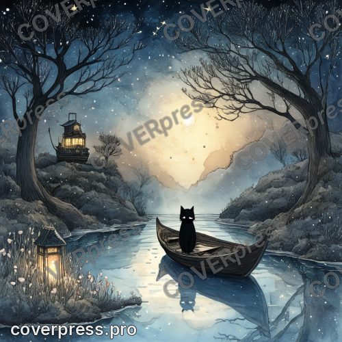 Ночная иллюстрация в стиле Гибли: луна, лодка и ключ