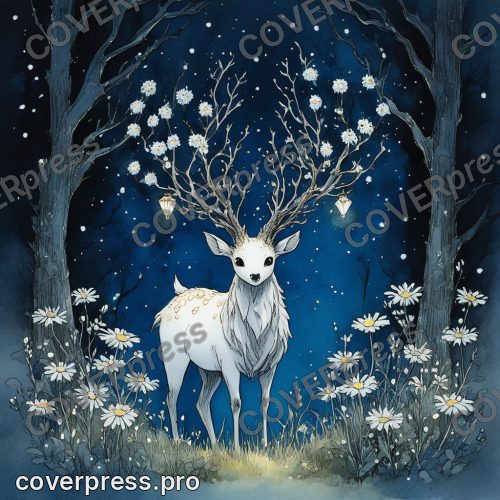 Ночная иллюстрация в стиле Гибли: олень, родник и мухомор