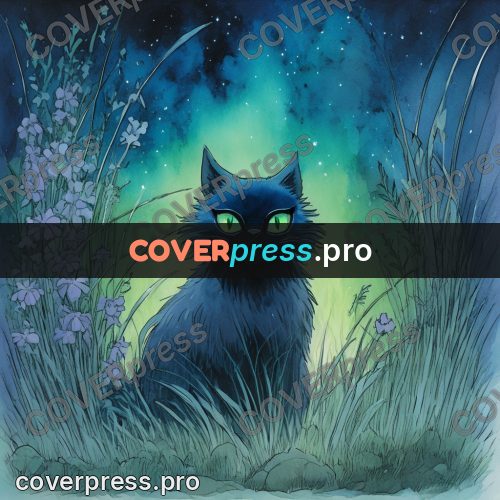 Night Ghibli style illustration: black cat with green eyes