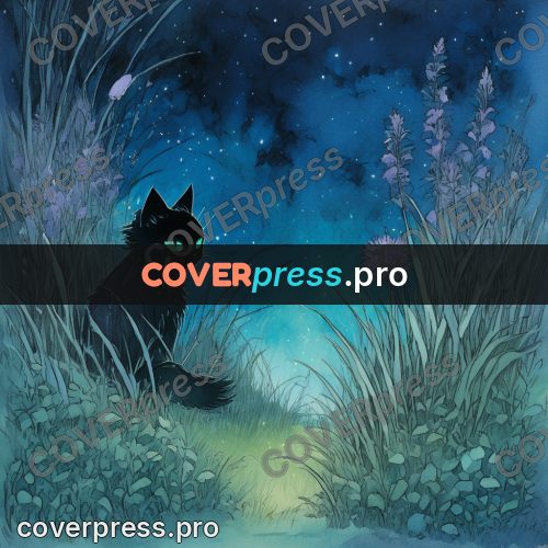 Night Ghibli style illustration: black cat with green eyes