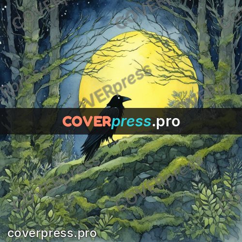 Night Ghibli style illustration: raven on a mossy stone