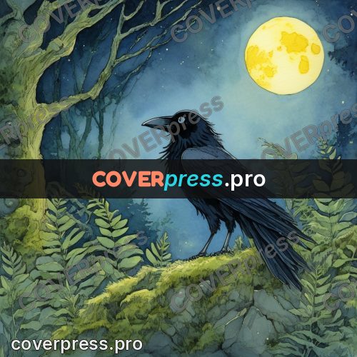 Night Ghibli style illustration: raven on a mossy stone