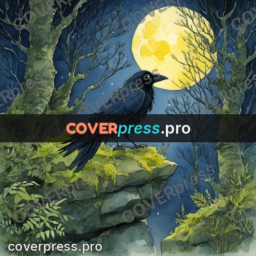Night Ghibli style illustration: raven on a mossy stone