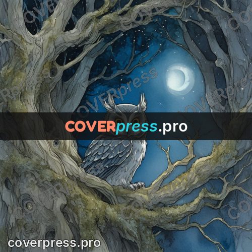 Night Ghibli style illustration: owl in a fork of branches