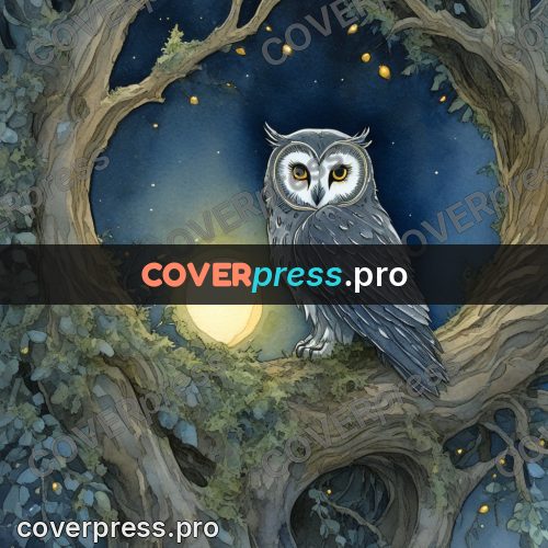 Night Ghibli style illustration: owl in a fork of branches