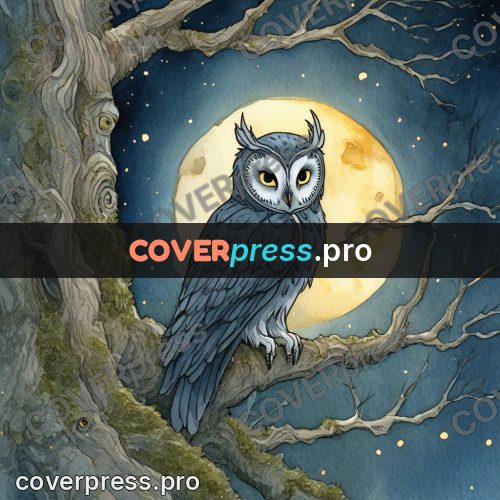 Night Ghibli style illustration: owl in a fork of branches