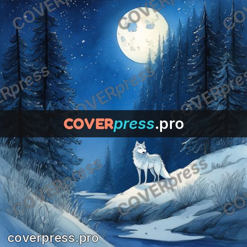 Night Ghibli style illustration: white wolf in the snow