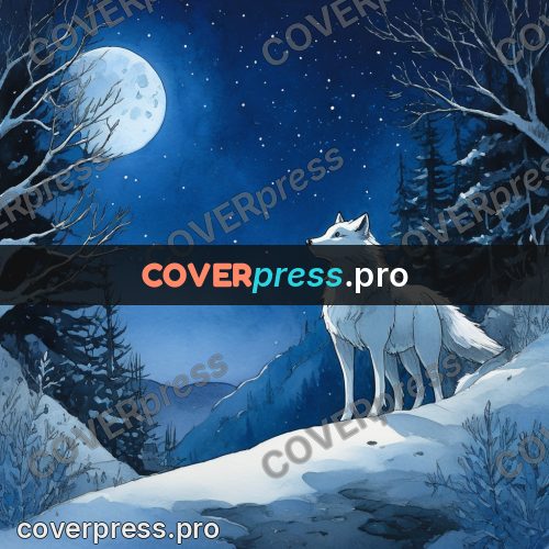 Night Ghibli style illustration: white wolf in the snow