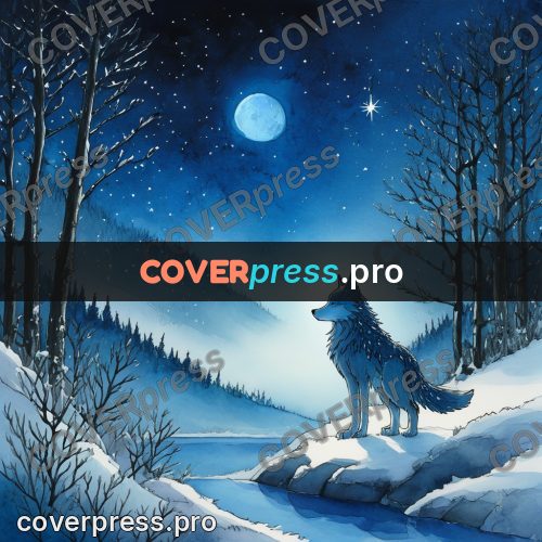 Night Ghibli style illustration: white wolf in the snow