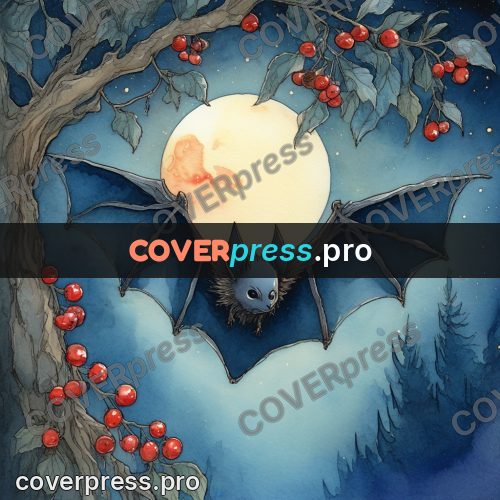 Night Ghibli style illustration: bat among red berries