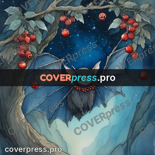 Night Ghibli style illustration: bat among red berries