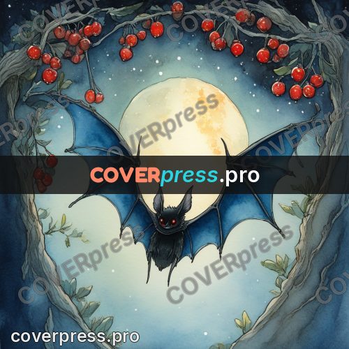 Night Ghibli style illustration: bat among red berries