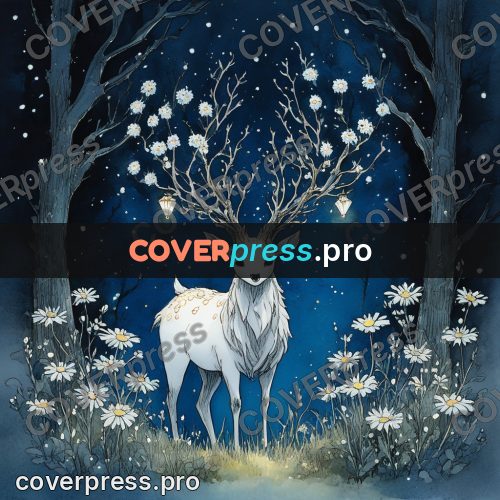 Night Ghibli style illustration: white deer with flowering antlers