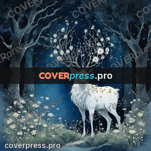 Night Ghibli style illustration: white deer with flowering antlers