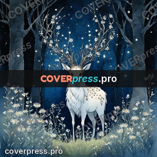 Night Ghibli style illustration: white deer with flowering antlers