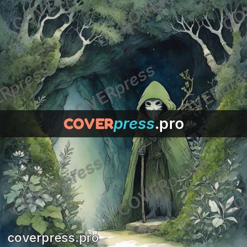 Night Ghibli style illustration: cloaked figure in a mask