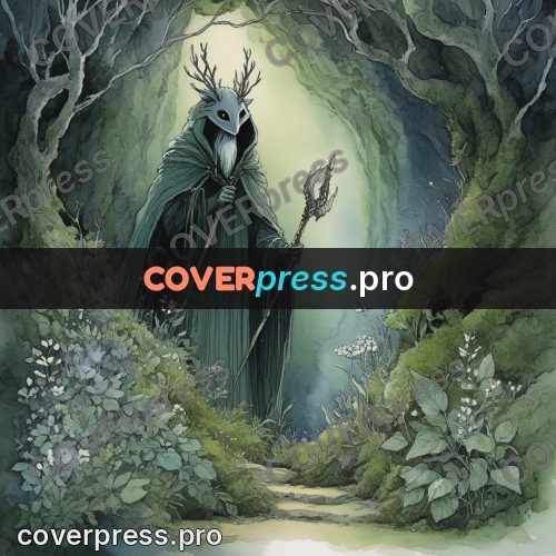 Night Ghibli style illustration: cloaked figure in a mask